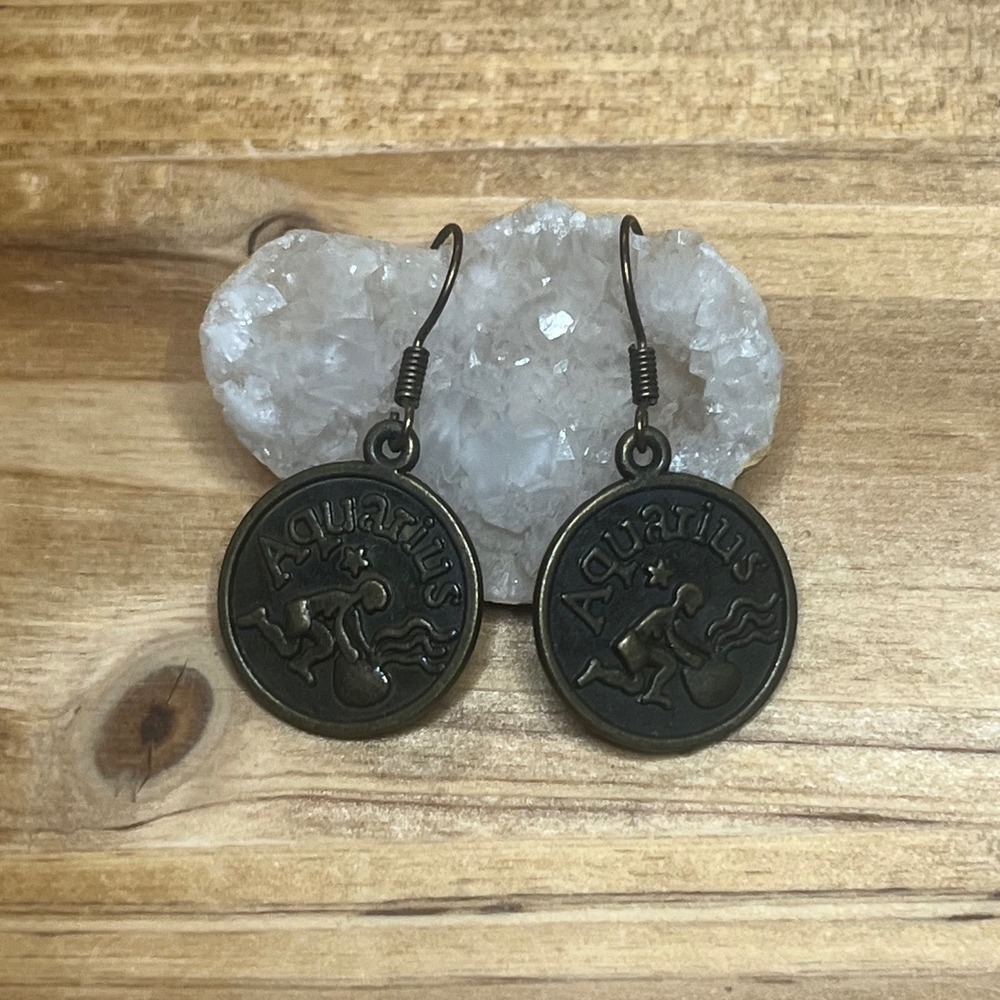 Aquarius Bronze Gold Stamped Metal Zodiac Sign Astrology Boho Earrings -New